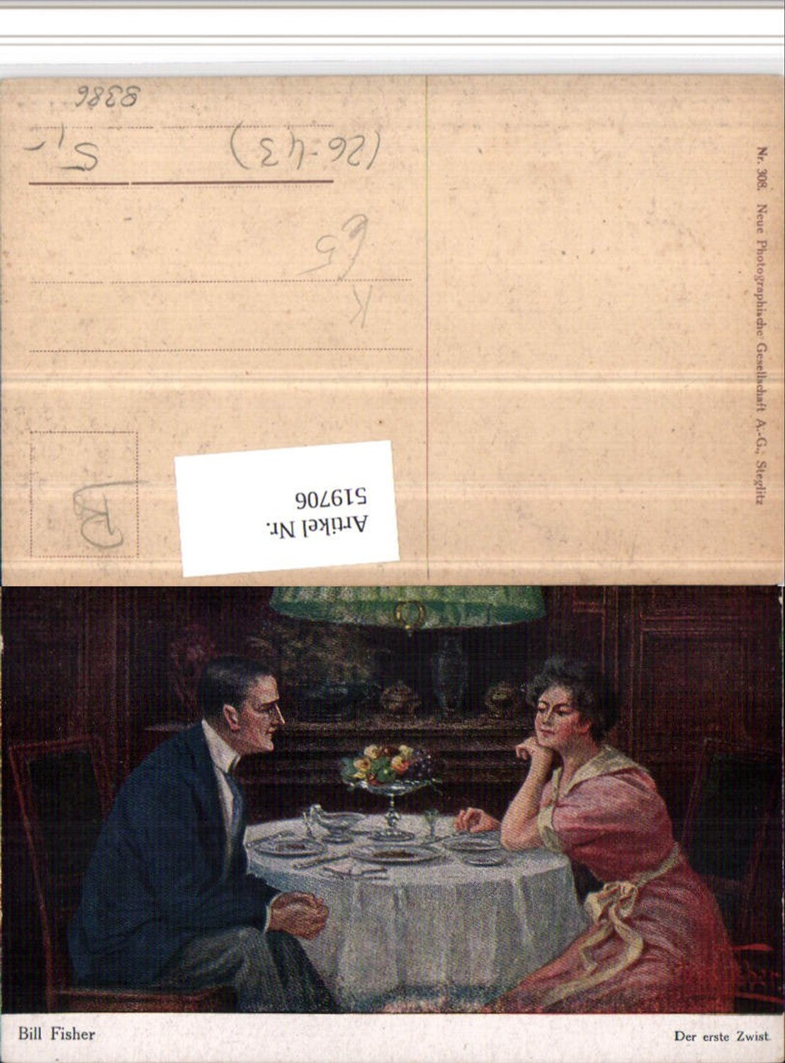519706,Künstler AK Bill Fisher Der erste Zwist Paar Tisch Gedeck