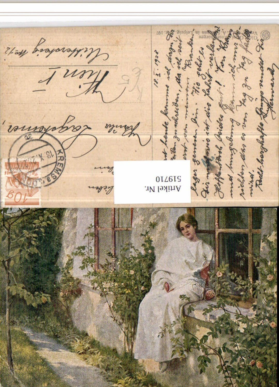 519710,Künstler AK G. Glani Rosenmorgen Frau Kleid Fenster