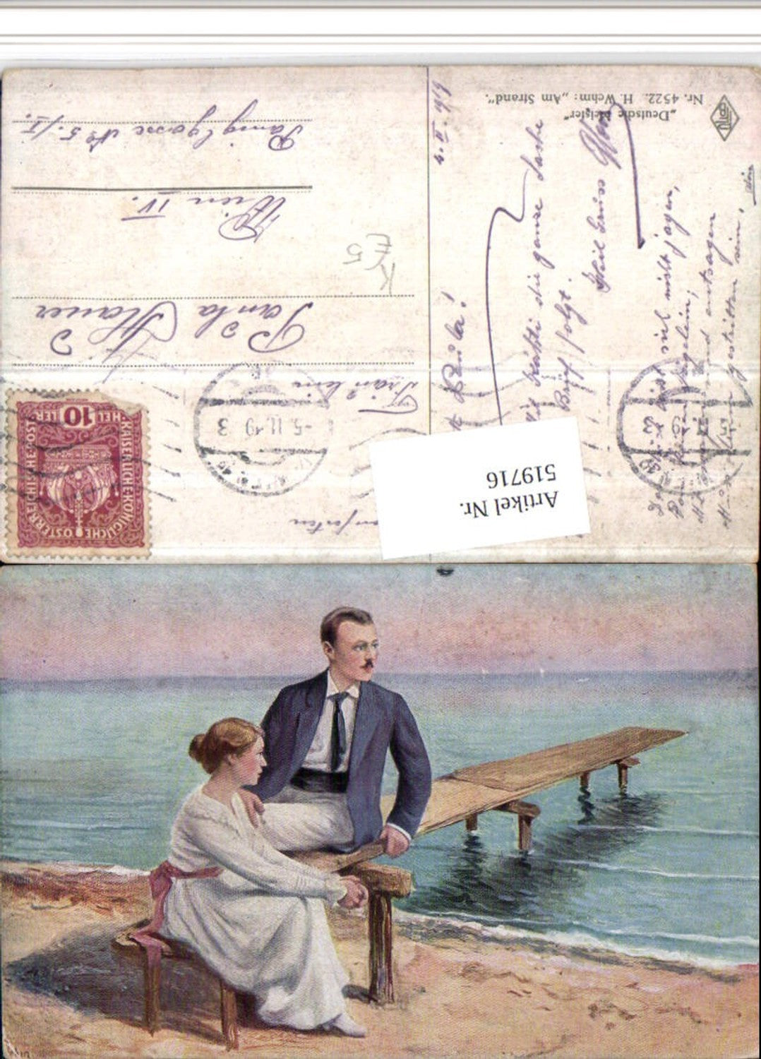 519716,Künstler AK H. Wehm Am Strand Liebe Paar Steg Meer