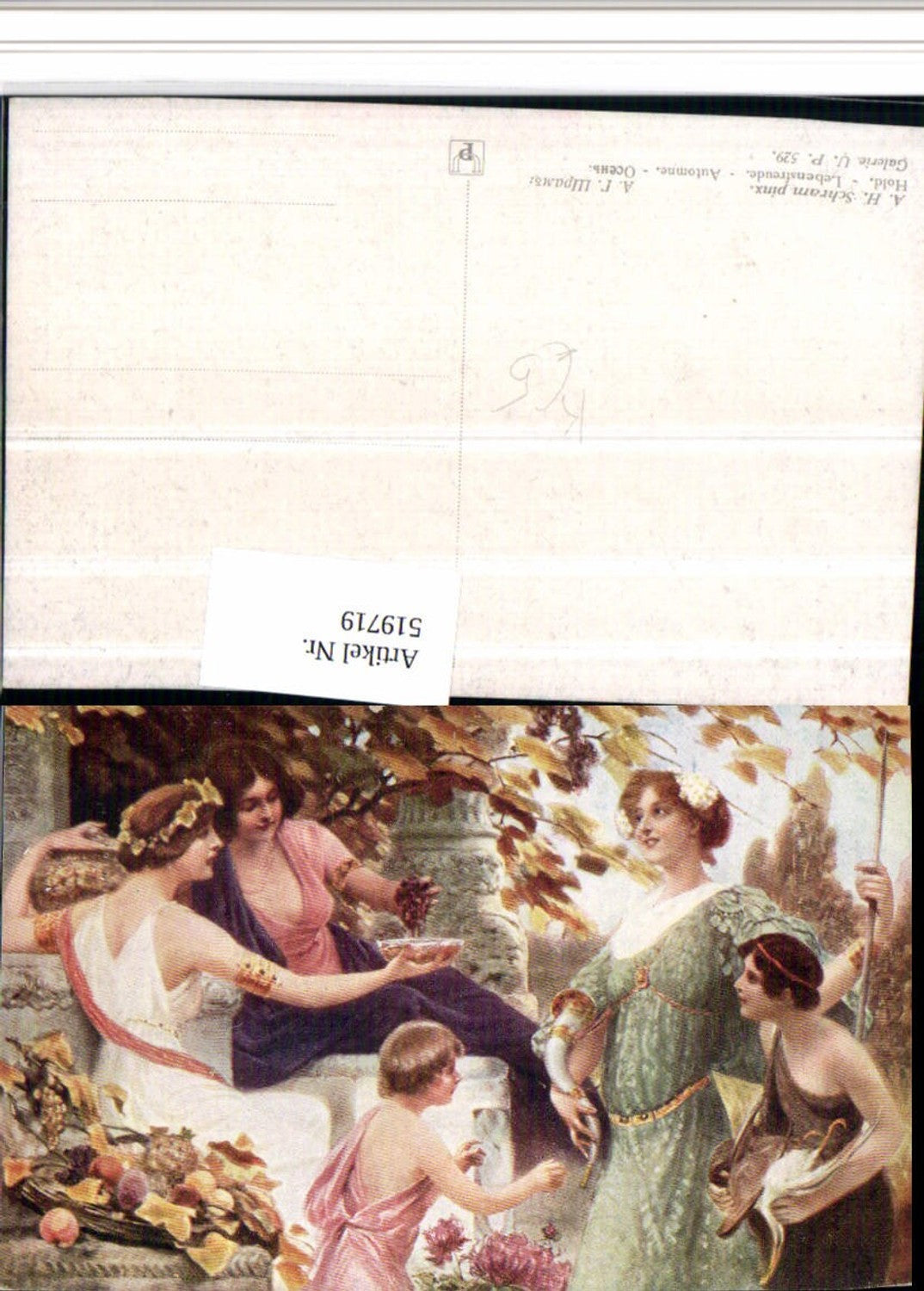 519719,Künstler AK A.H. Schram Lebensfreude Frauen Kleider Horn