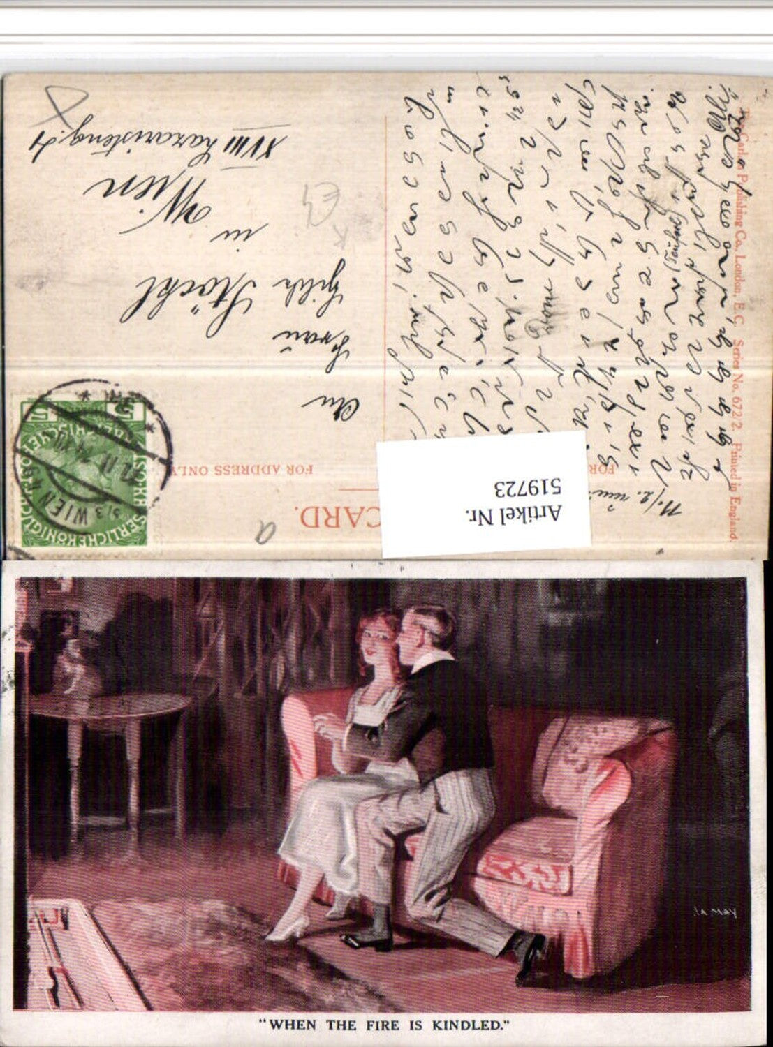 519723,Künstler AK A. May When the Fire is kindled Liebe Paar Sofa