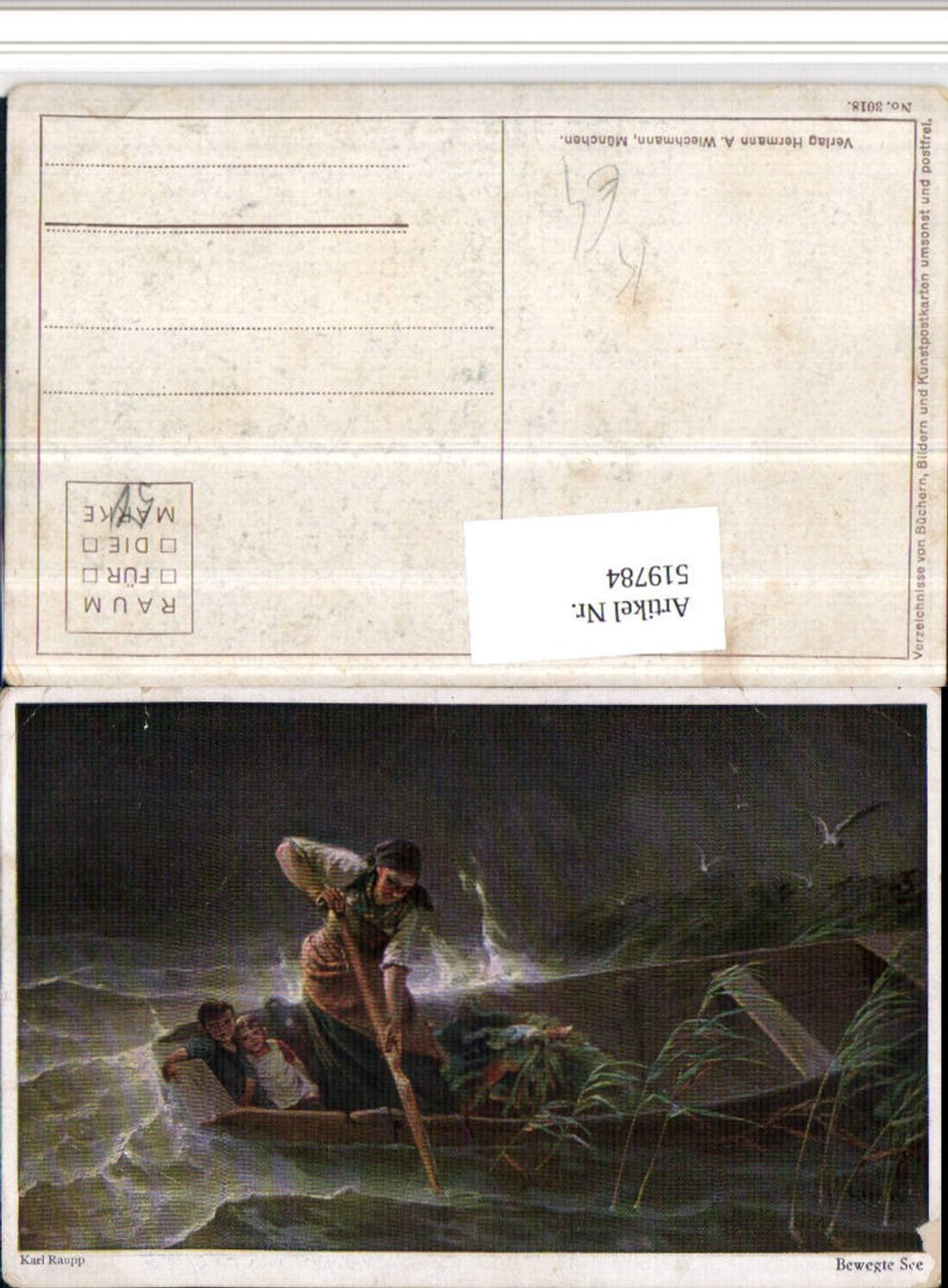 519784,Künstler AK Karl Raupp Bewegte See Mutter Kinder See Sturm Ruderboot