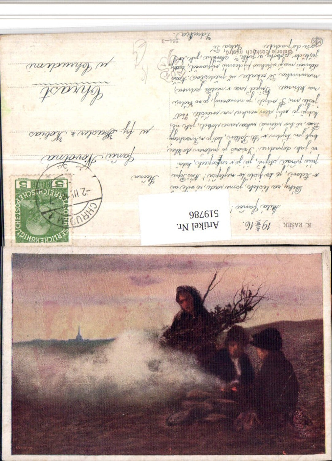 519786,Künstler AK K. Rasek Pri Ohnicku Mutter Kinder Lagerfeuer