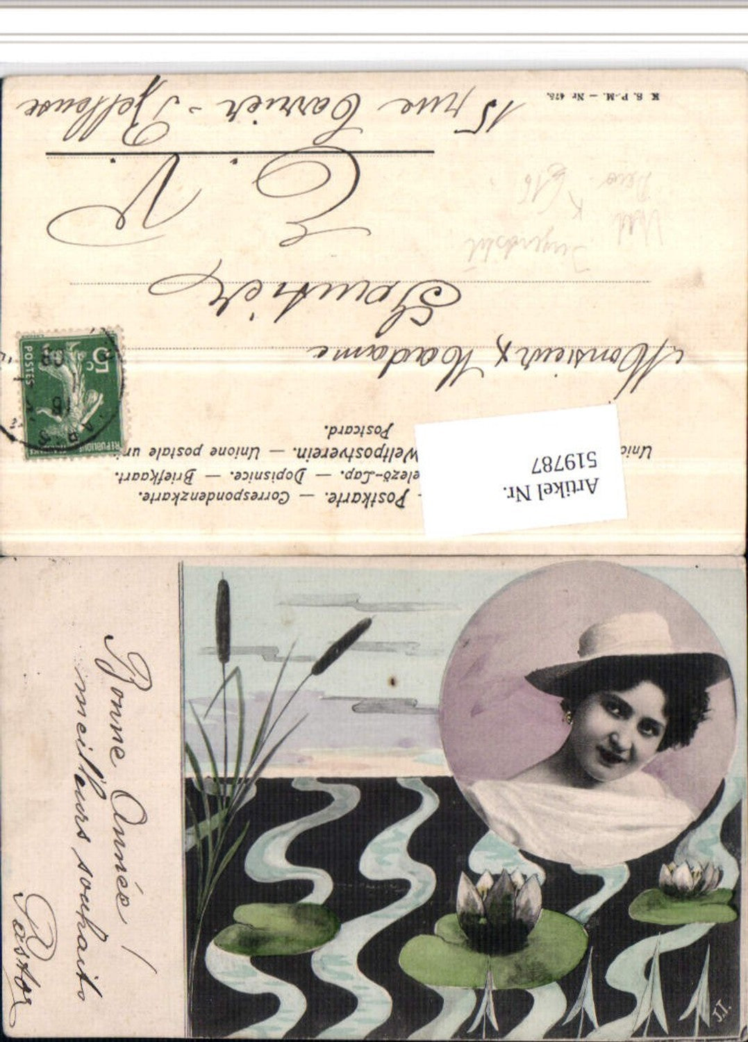519787,Künstler Jugendstil Art Deco Frau Hut Portrait Seerosen