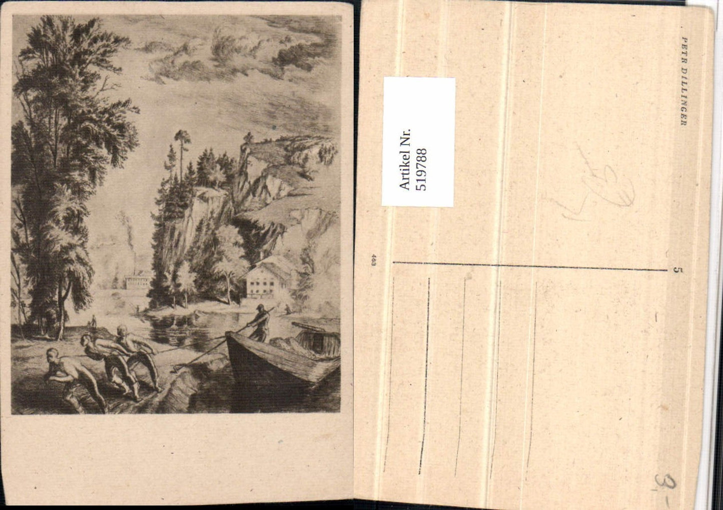 519788, Artist AK Peter Dillinger Landscape Men Boat