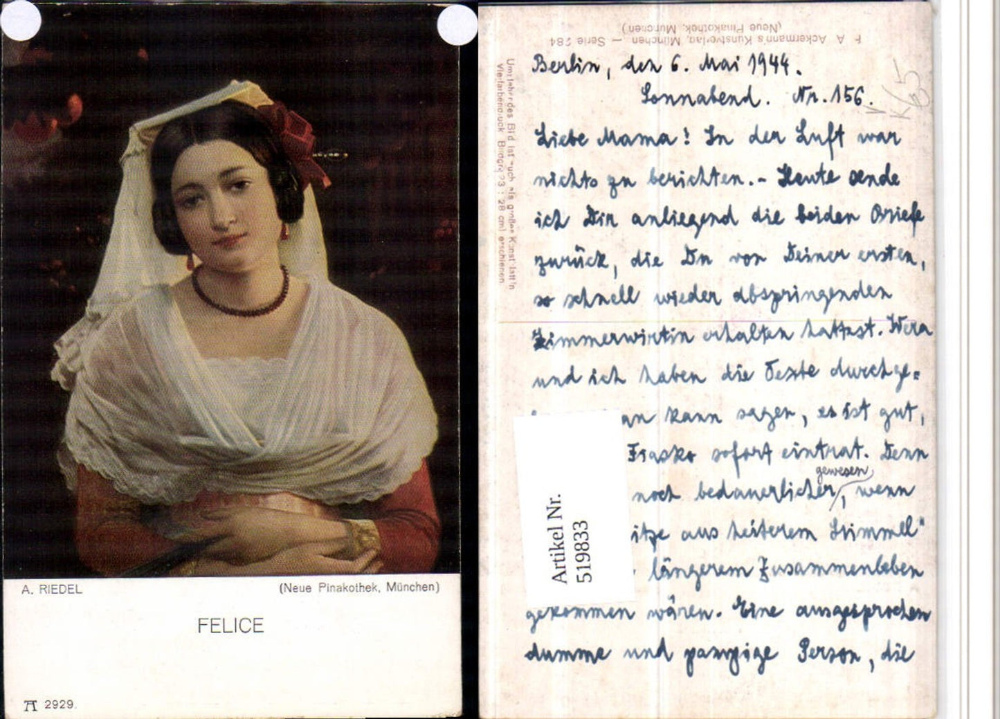 519833,Künstler AK A. Riedel Felice Frau Portrait pub Ackermann 2929