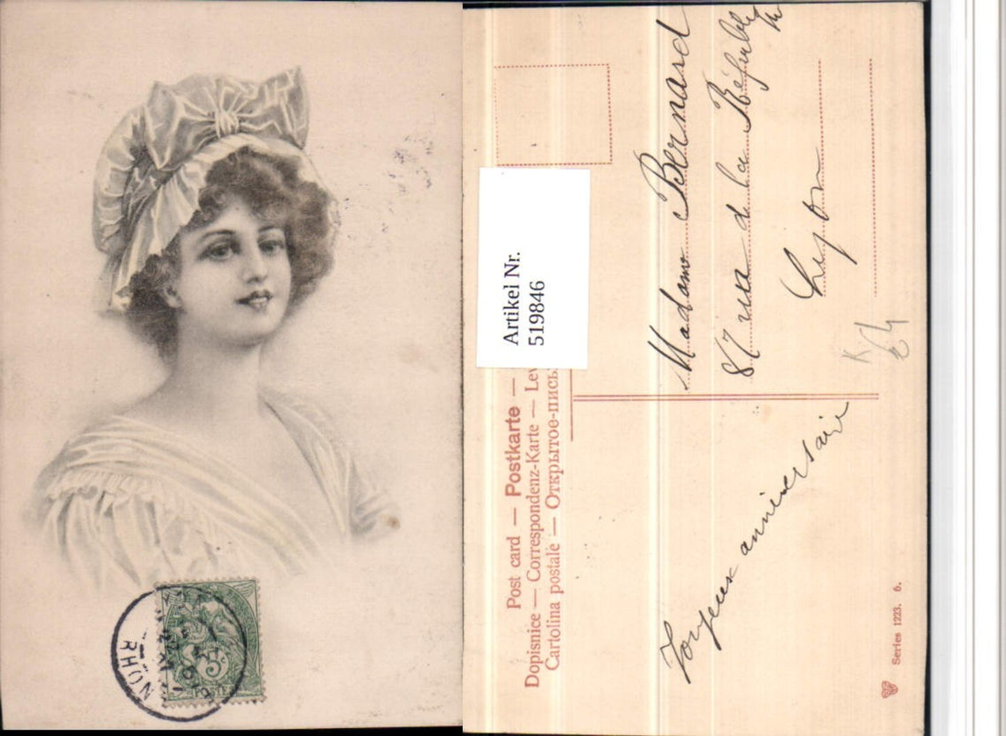 519846,Künstler AK Frau Mütze Haube Portrait