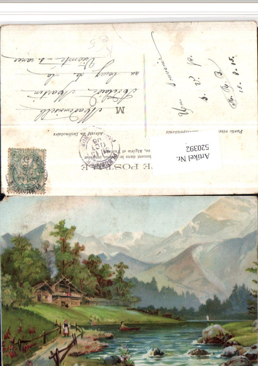 520392,Künstler AK Landschaft Haus Hütte See Bergkulisse
