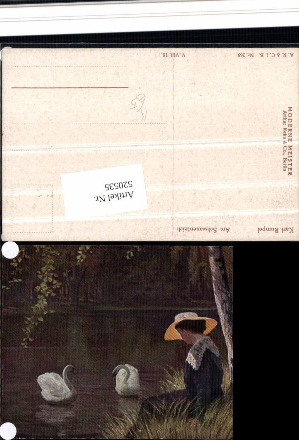 520535,Künstler AK Karl Rumpel Am Schwanenteich Frau Hut Schwäne