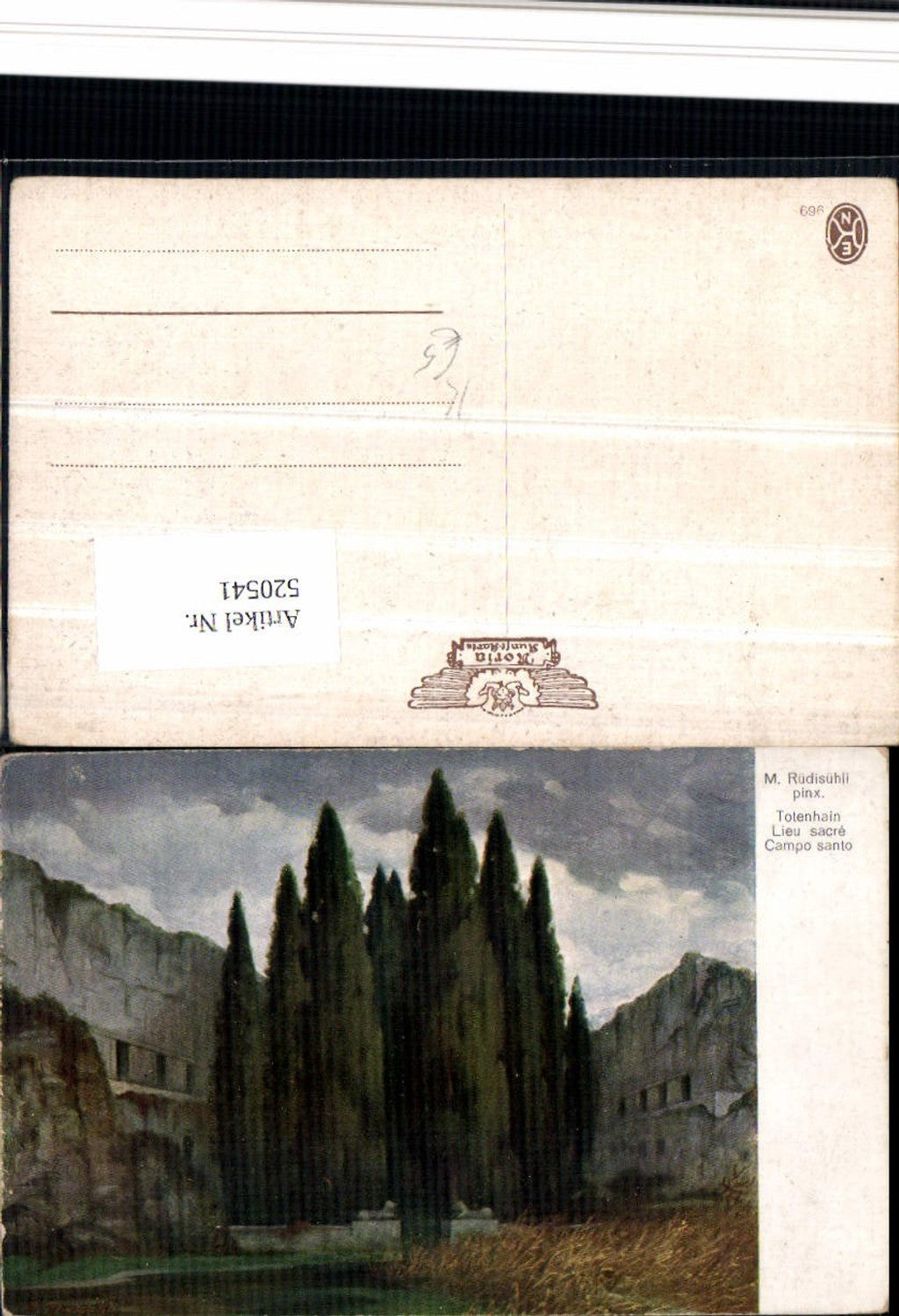 520541,Künstler AK M. Rüdisühli Totenhain Bäume Ruine