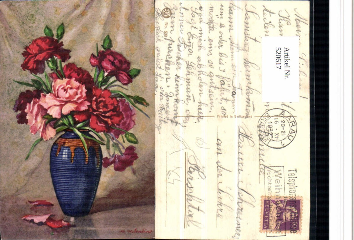 520617,Künstler AK M. Valentino Blumen Nelken Vase