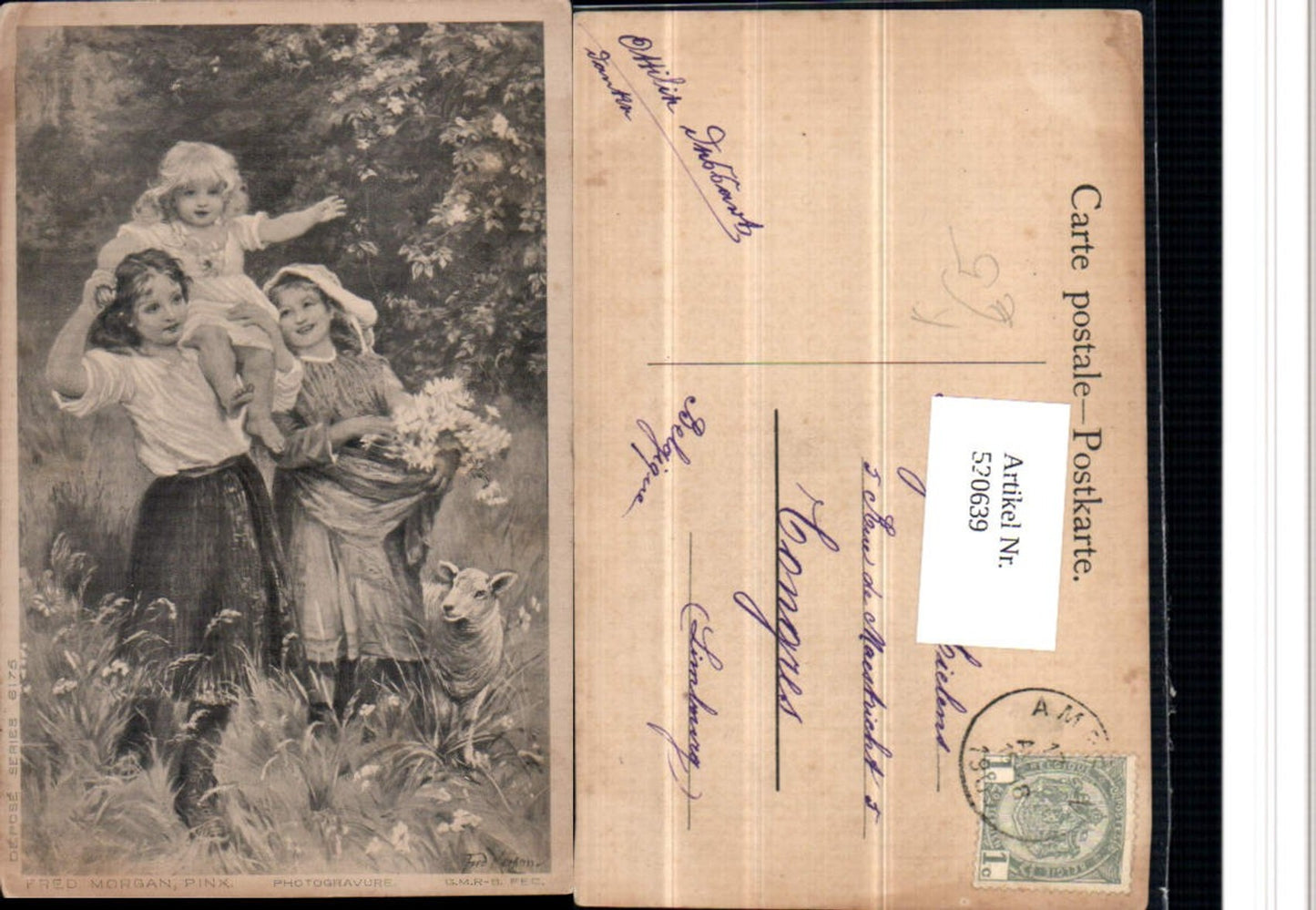 520639, Artist AK Fred Morgan Children Girl Lamb Flowers