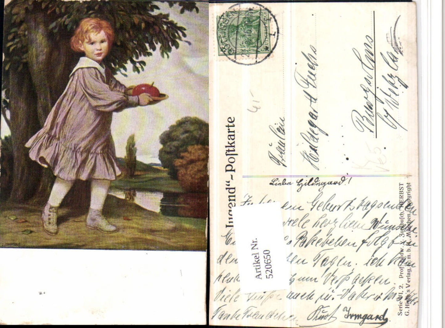 520650,Künstler AK Ludwig v. Zumbusch Herbst Kind Apfel pub G. Hirth