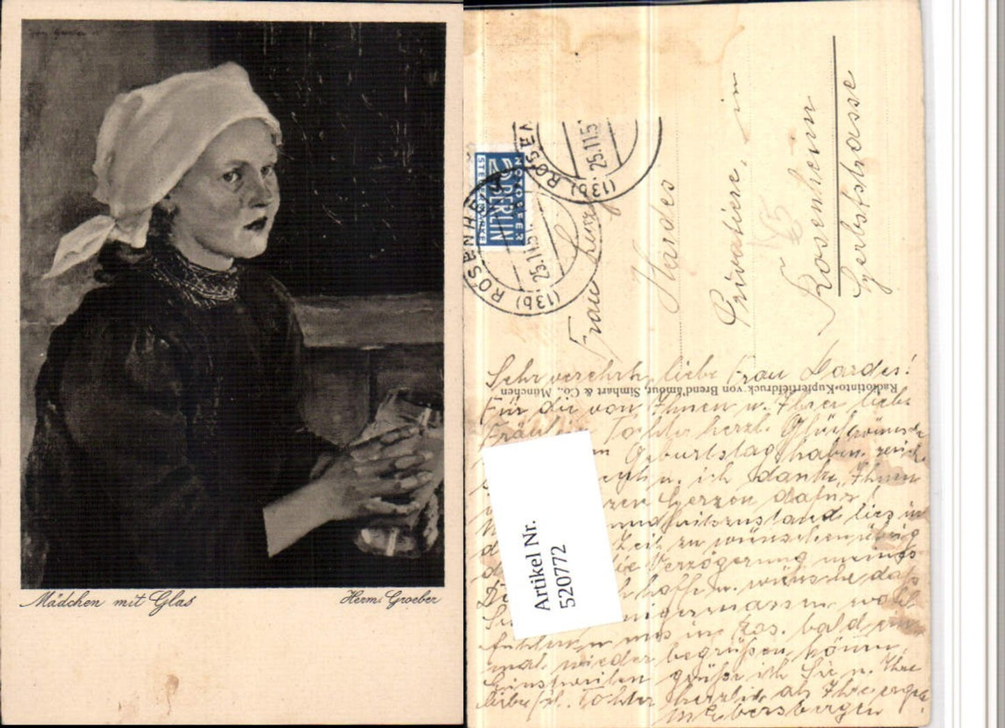520772,Künstler AK Herm. Groeber Mädchen mit Glas Portrait