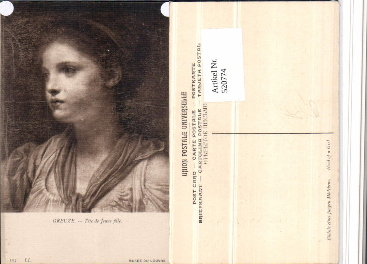 520774,Künstler AK Greuze Tete de Jeune fille Mädchen Portrait
