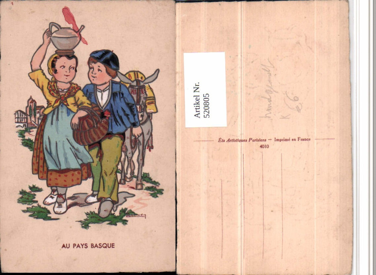 520805,Künstler AK Handgemalt E. Renaudin Pays Basque Kinder Korb Esel