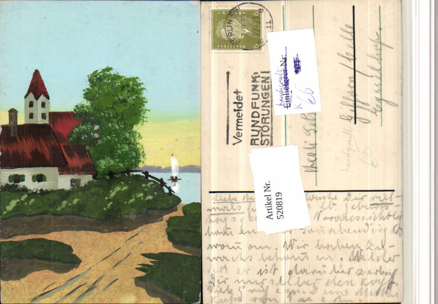 520819,Künstler AK Handgemalt Landschaft Haus Kirche Segelboot