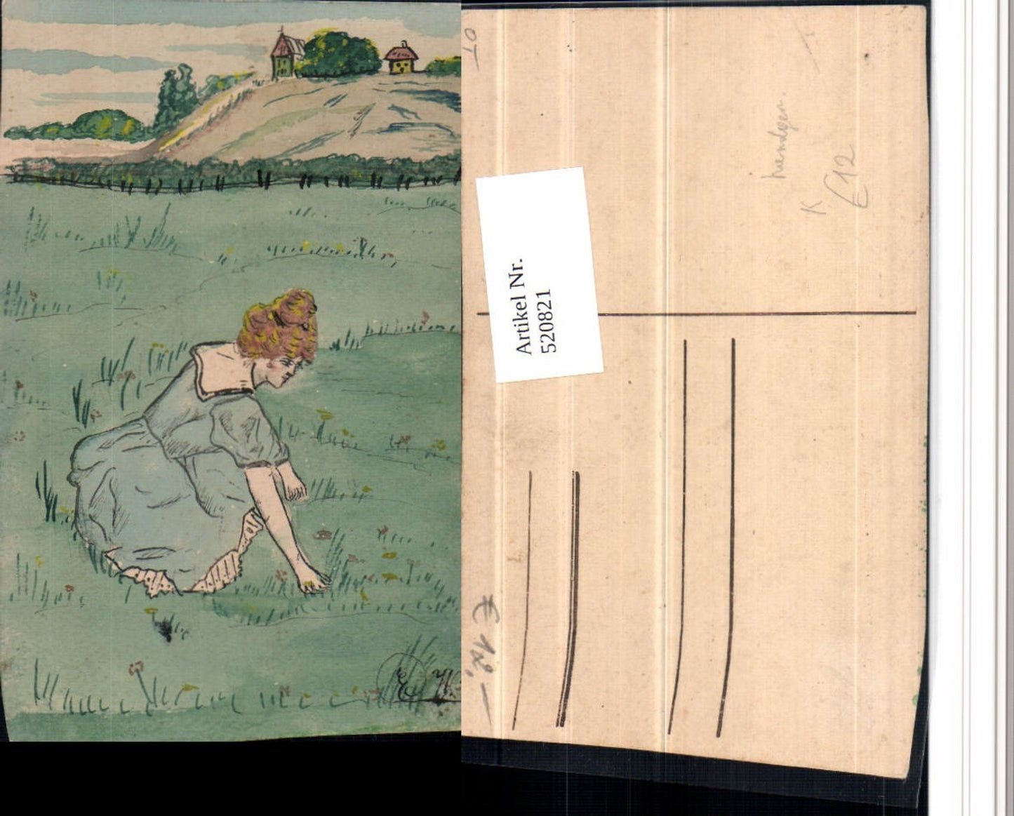 520821,Künstler AK Handgemalt Frau Kleid Wiese Blumen pflücken