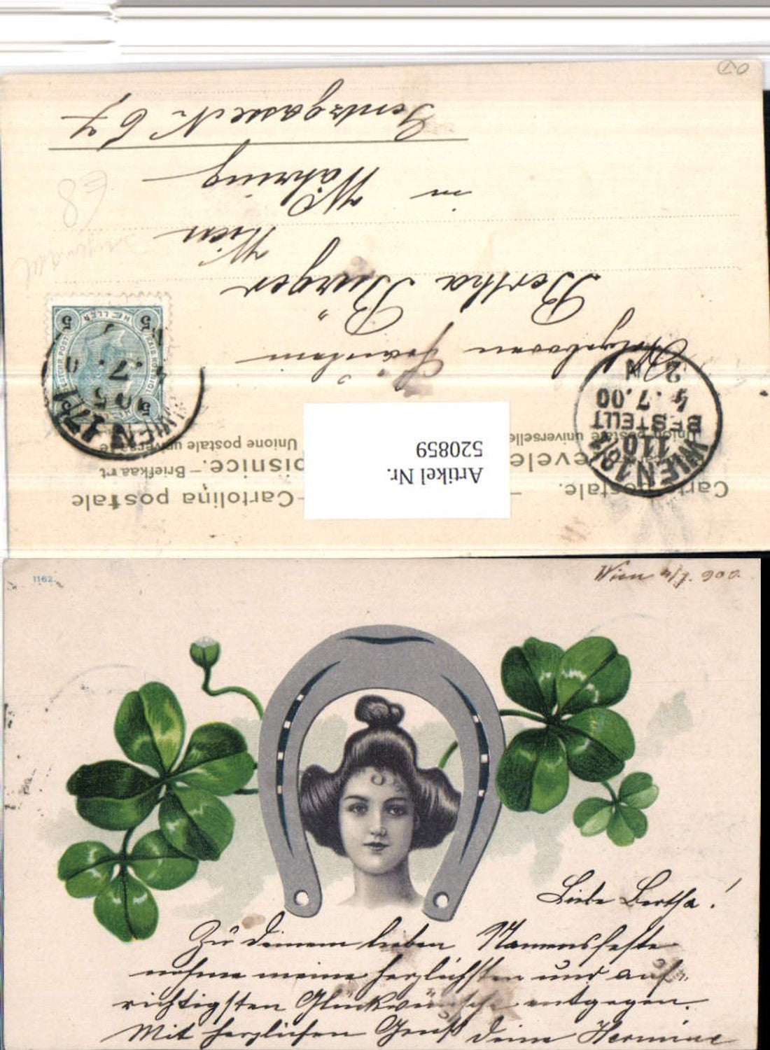 520859,Jugendstil Künstler AK Frau Portrait Hufeisen Klee