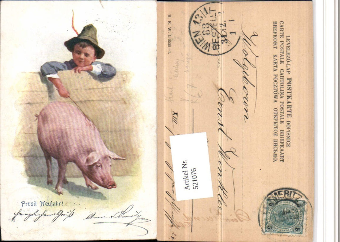 521076,Künstler AK Karl Feiertag unsign. Neujahr Bub Hut Schwein pub B.K.W.I. 2525/1