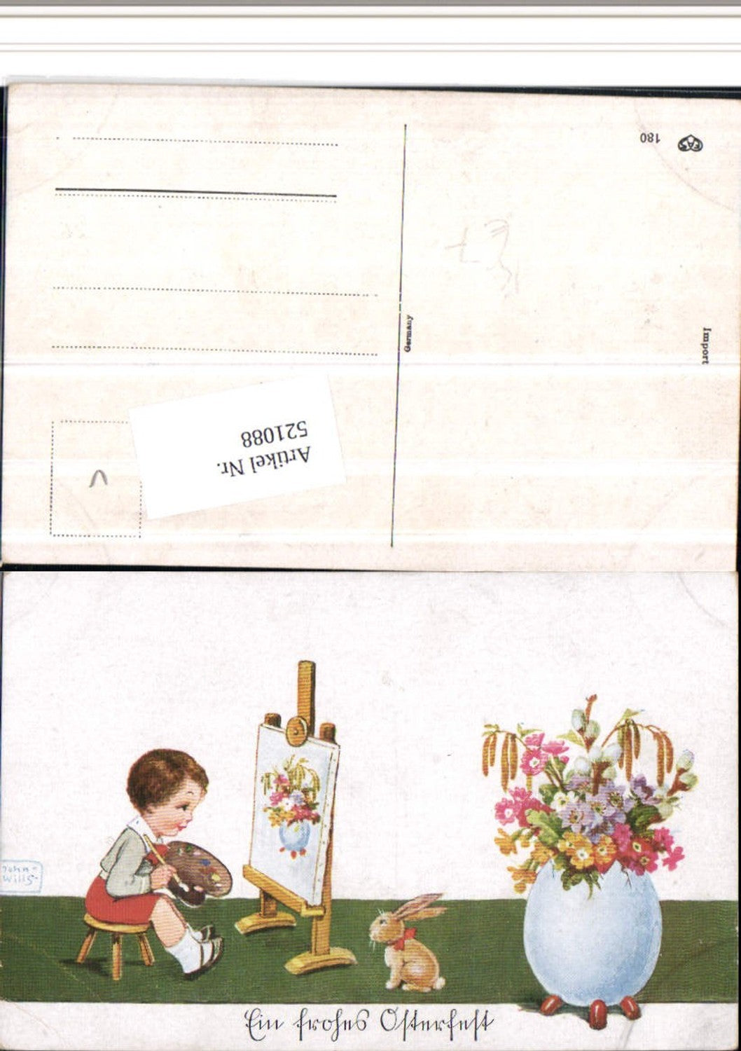 521088,Künstler AK Willi Scheuermann John Wills Ostern Kind Maler Hase Blumen