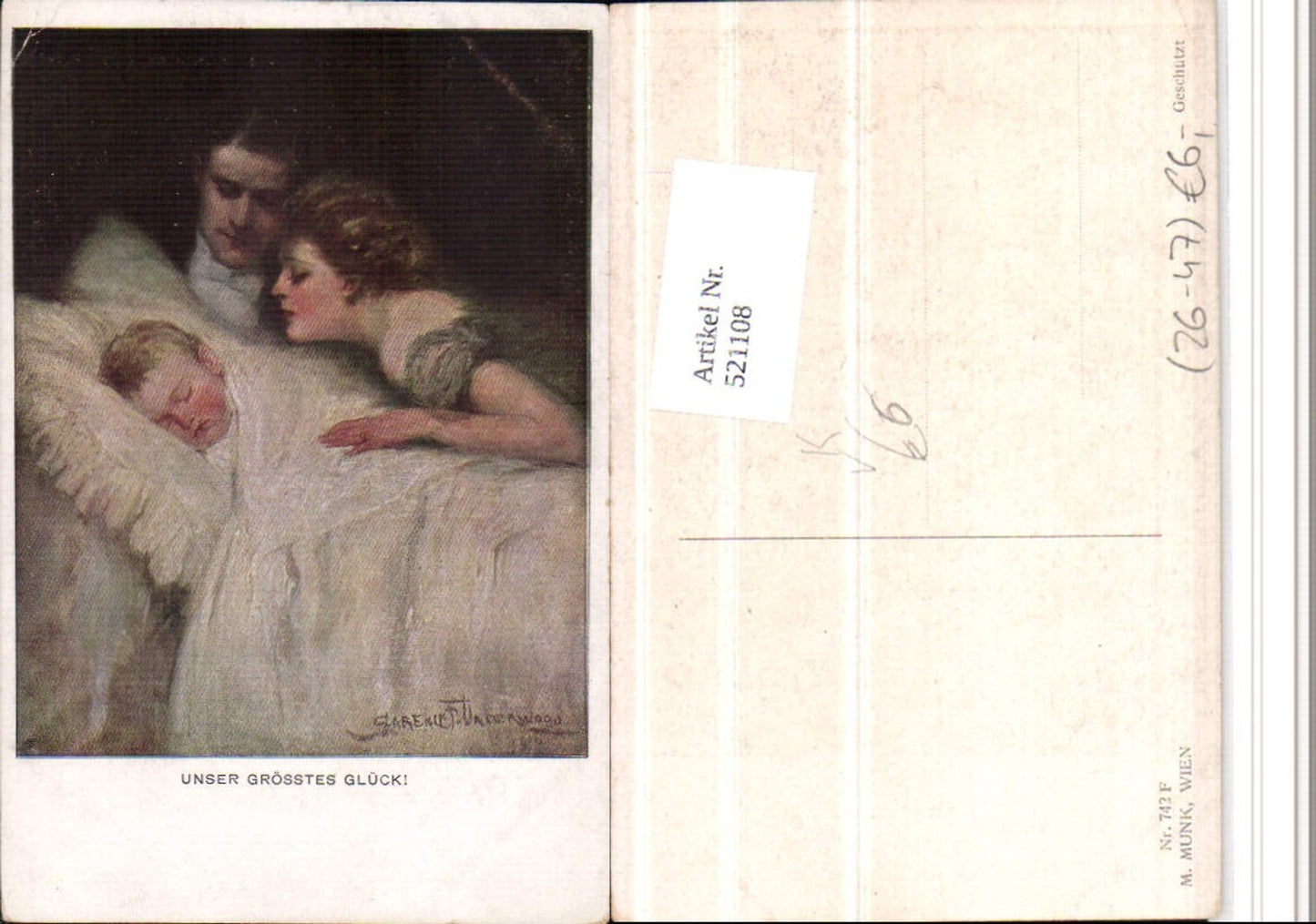 521108,M. Munk Vienne 742F Künstler Clarence F. Underwood Familie Kind Bett