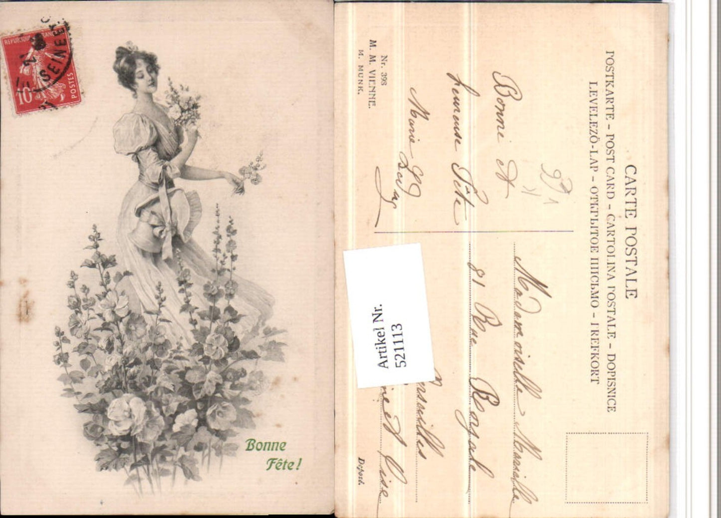 521113,M. Munk Vienne 398 Künstlerkarte Frau Kleid Blumen