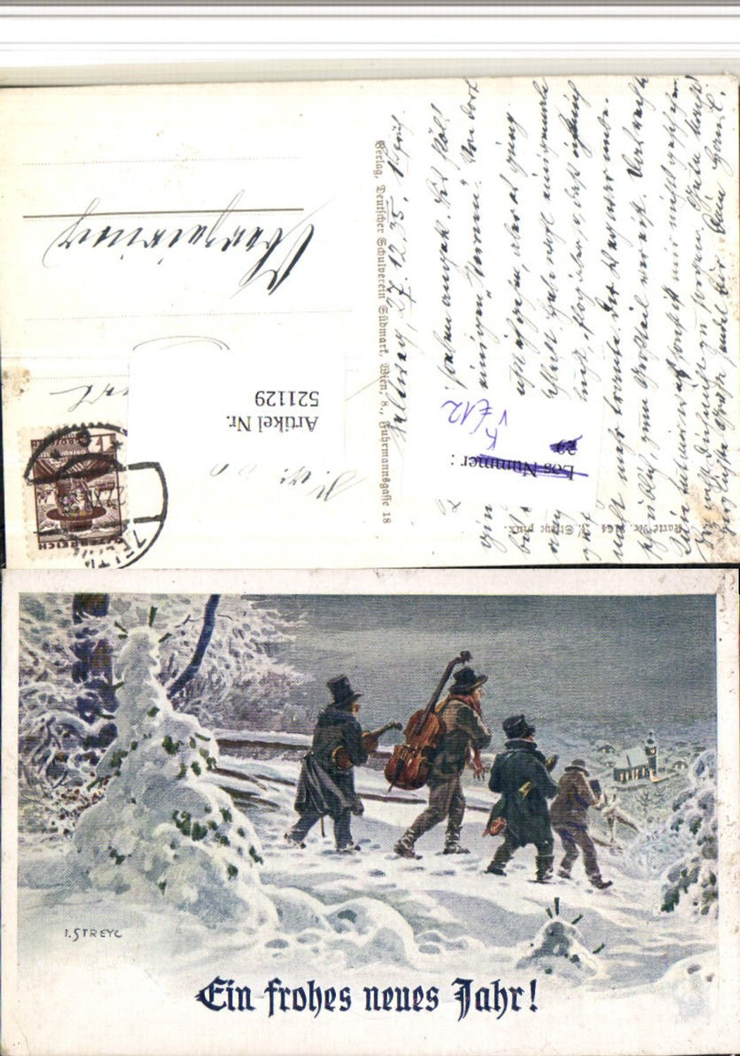 521129,Verein Südmark 2164 Künstler J. Streyc Neujahr Musiker Cello Winterbild