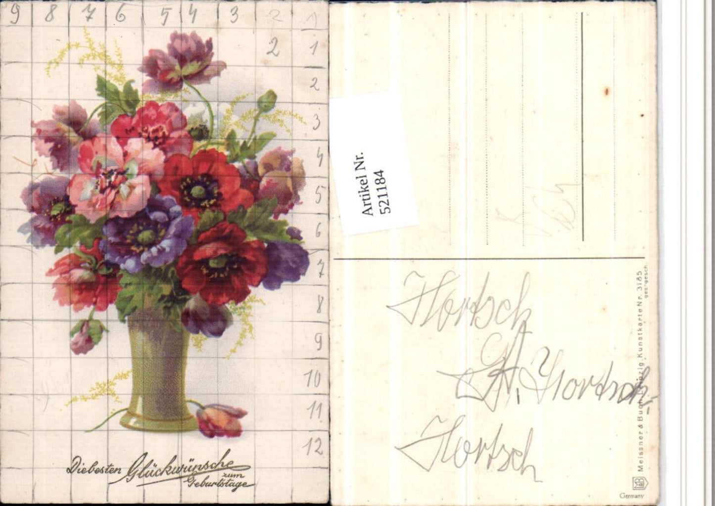 521184,Meissner & Buch 3185 Künstlerkarte Geburtstag Blumen Vase