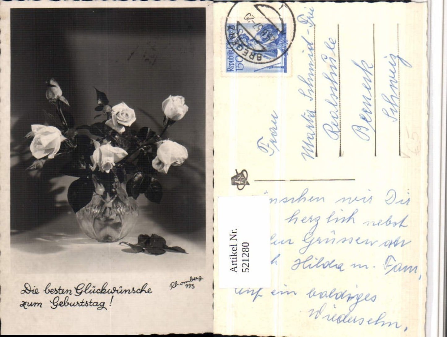 521280,Fotokunst Rhomberg 995 Geburtstag Rosen Vase