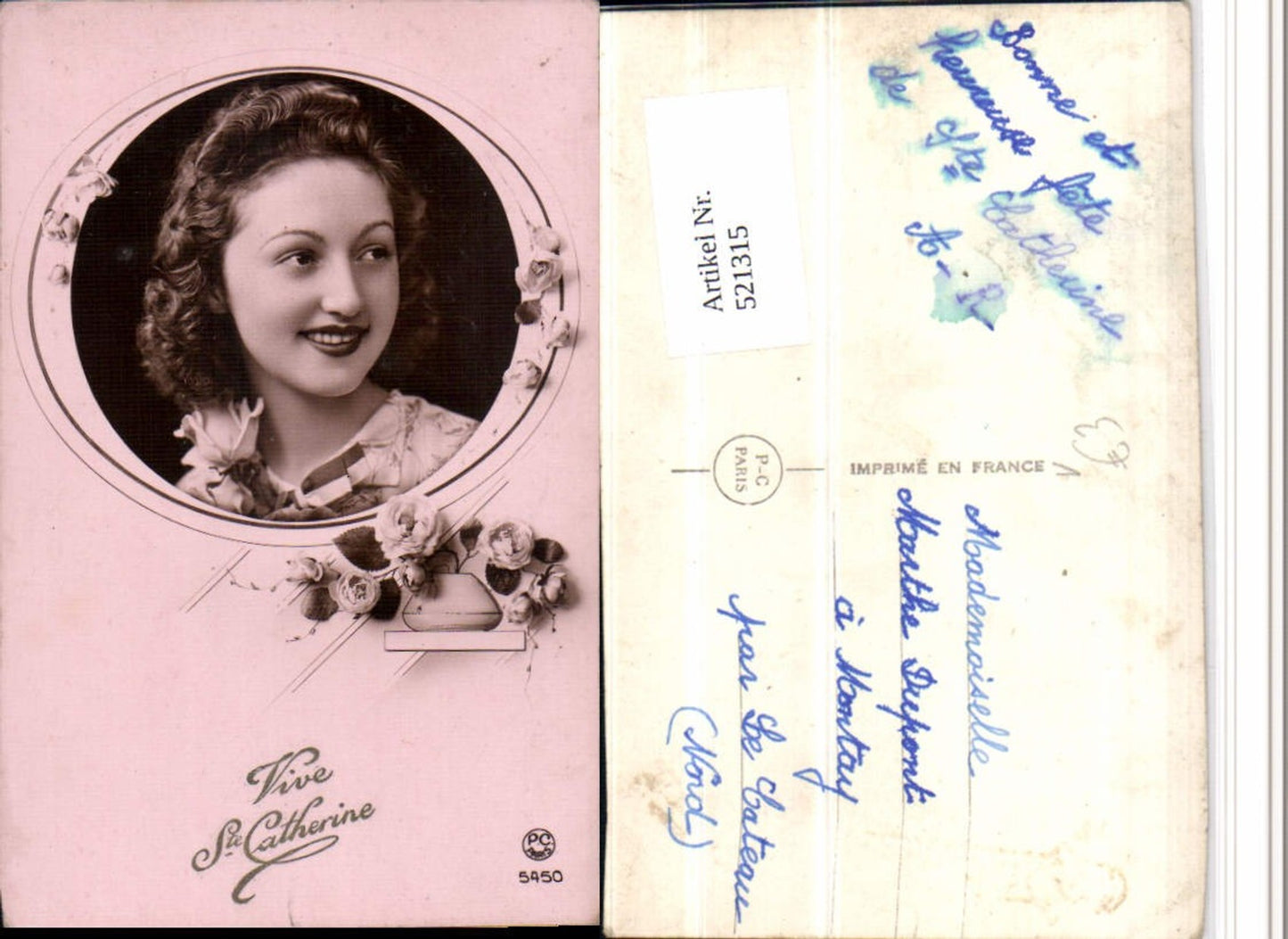 521315,P.C. Paris 5450 Ste Catherine Frau Portrait Passepartout Rosen