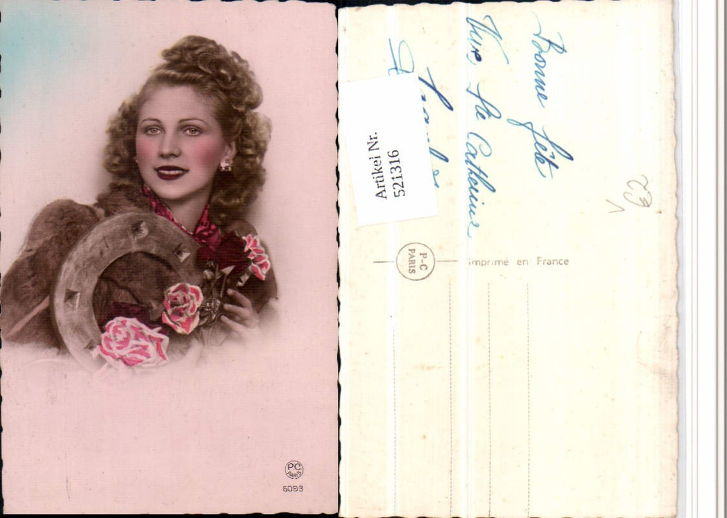 521316,P.C. Paris 6093 Frau Portrait Pelzmantel Hufeisen Rosen