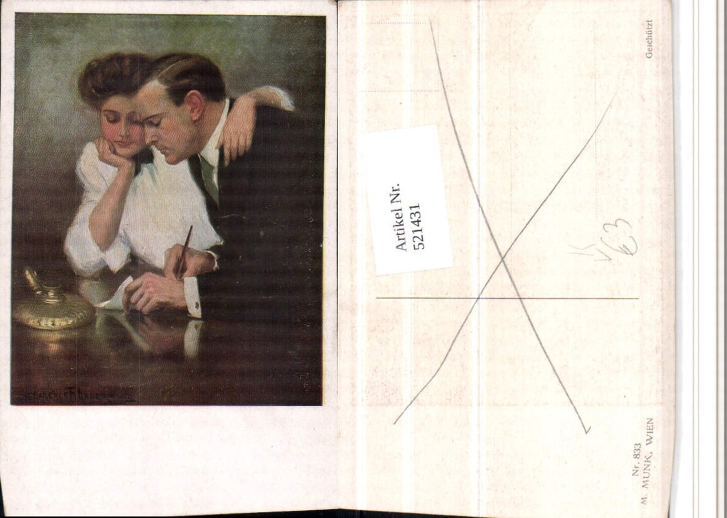 521431,Künstler AK Clarence F. Underwood Paar Lesen Schreiben pub M. Munk 833