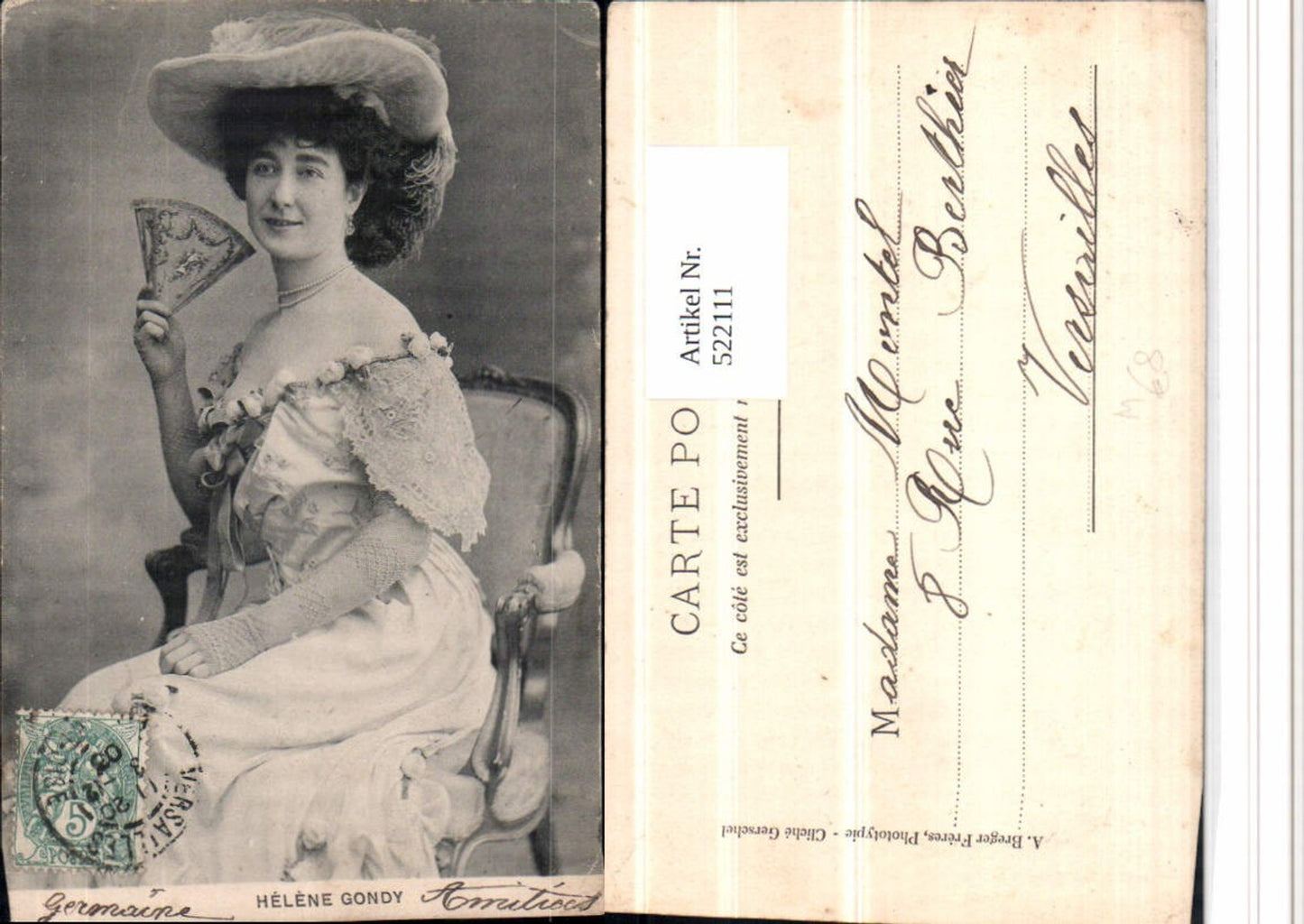 522111,Helene Gondy Frau m. Hut Hutmode Fächer Kleid Stuhl