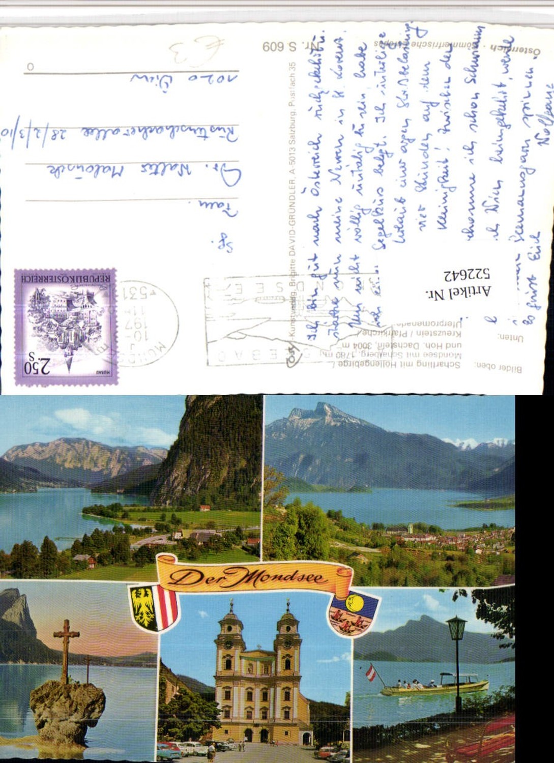 522642,Mondsee Totale Stift Kirche Kreuzstein Boot Mehrbildkarte