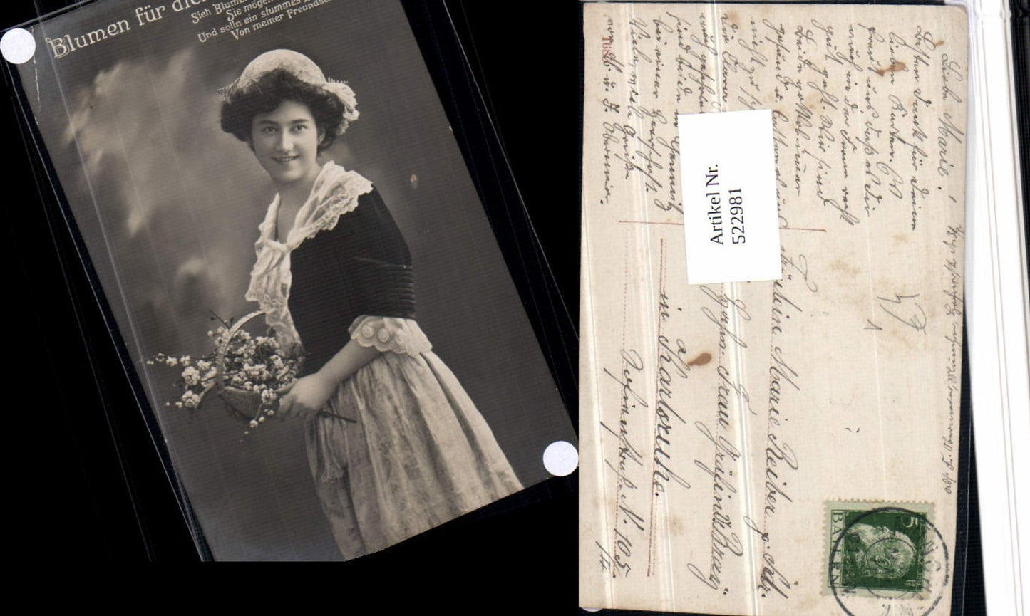 522981,Foto-AK Frau Kleid Blumen Haube pub EAS 1685