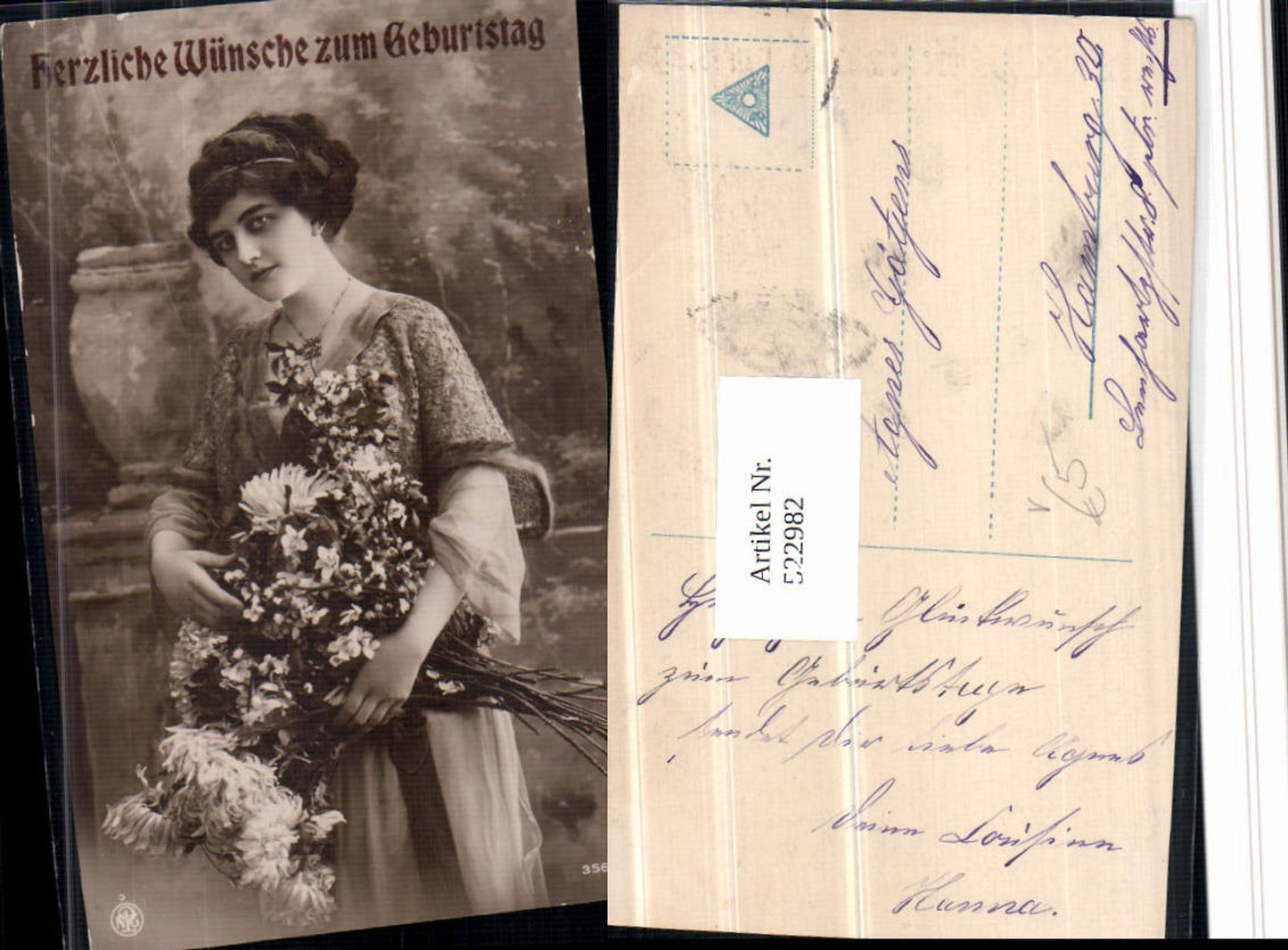 522982,Foto-AK Frau Geburtstag Blumen Kleid pub NPG 3567