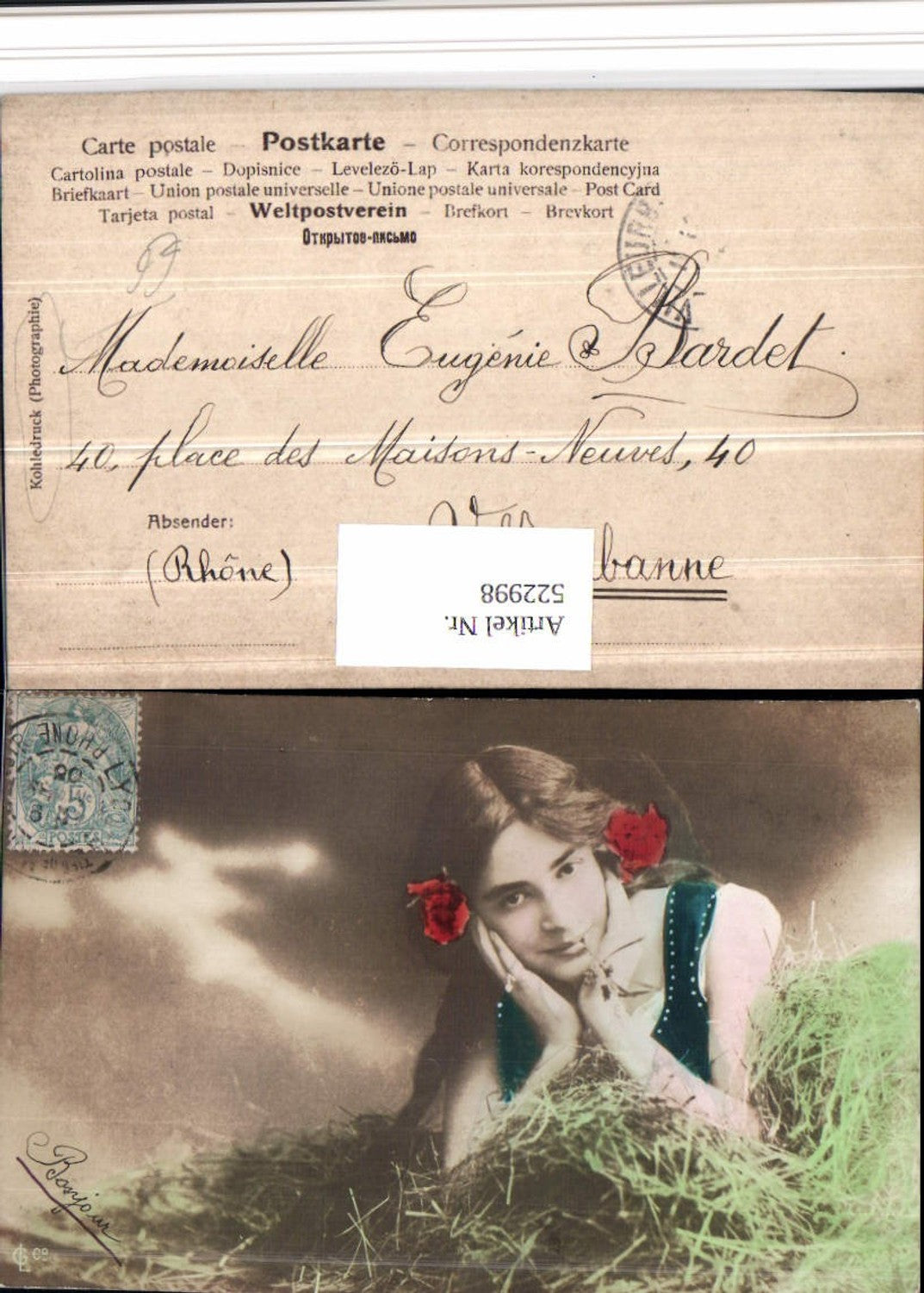 522998,Kohledruck Photographie Frau Portrait Blumen Heu