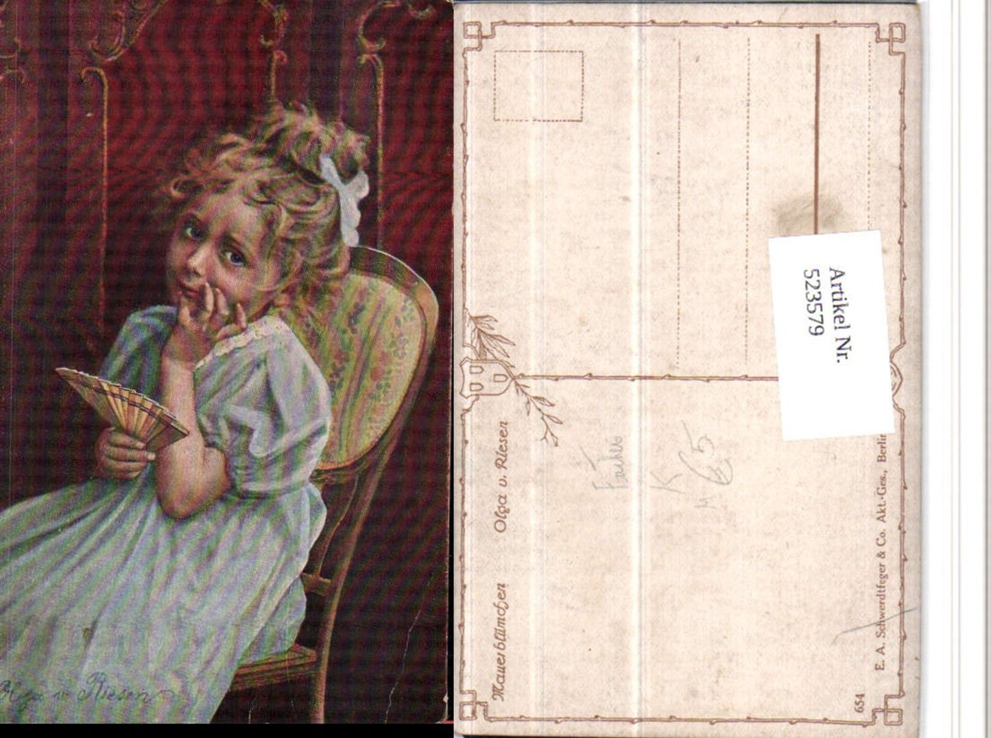 523579,Künstler AK Olga von Riesen Mädchen am Stuhl m. Fächer