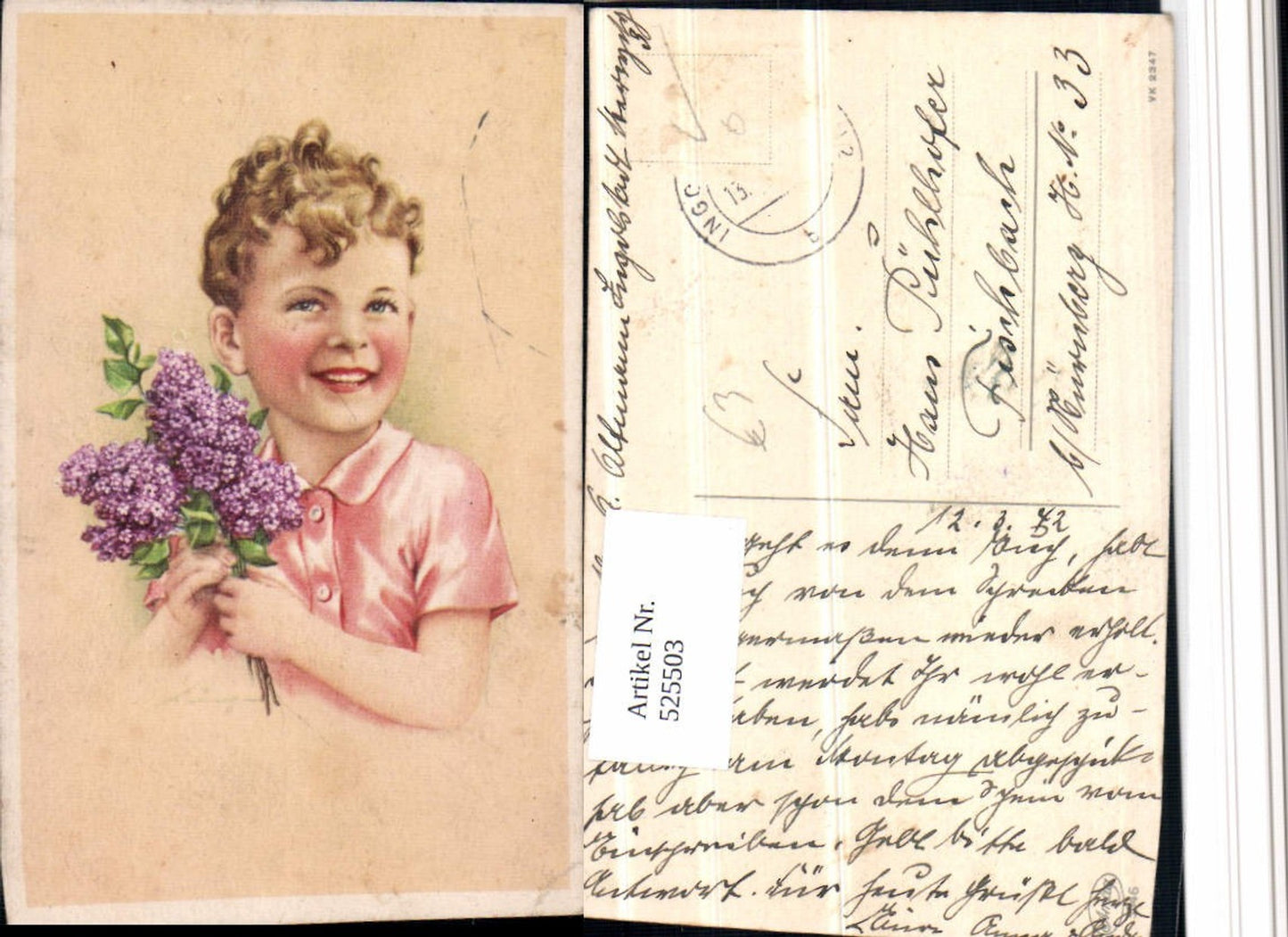 525503,Künstler AK Junge Kind Blume Flieder