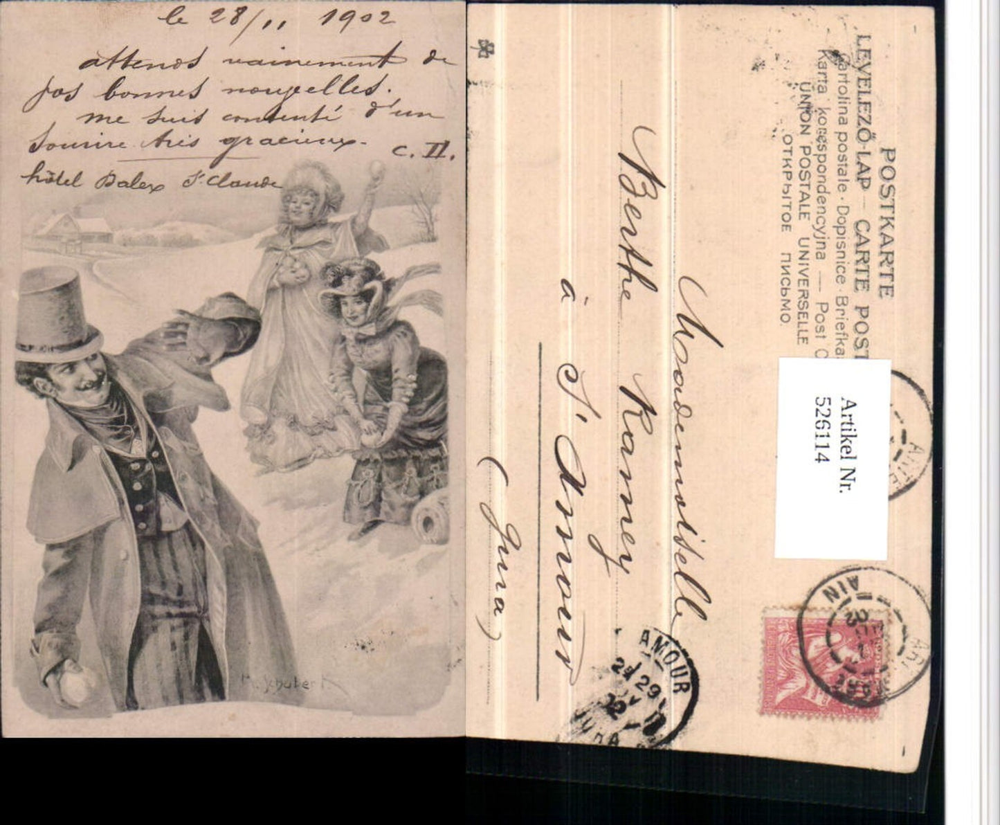 526114,Künstler AK M. Schubert Mann Zylinder Schneeballschlacht Frauen