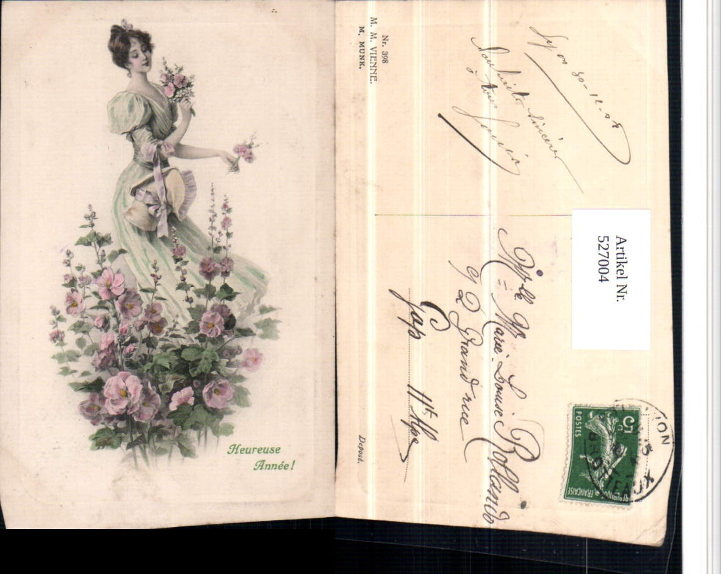 527004,Künstler AK M. Munk Vienne 398 Frau Blumen Rosen