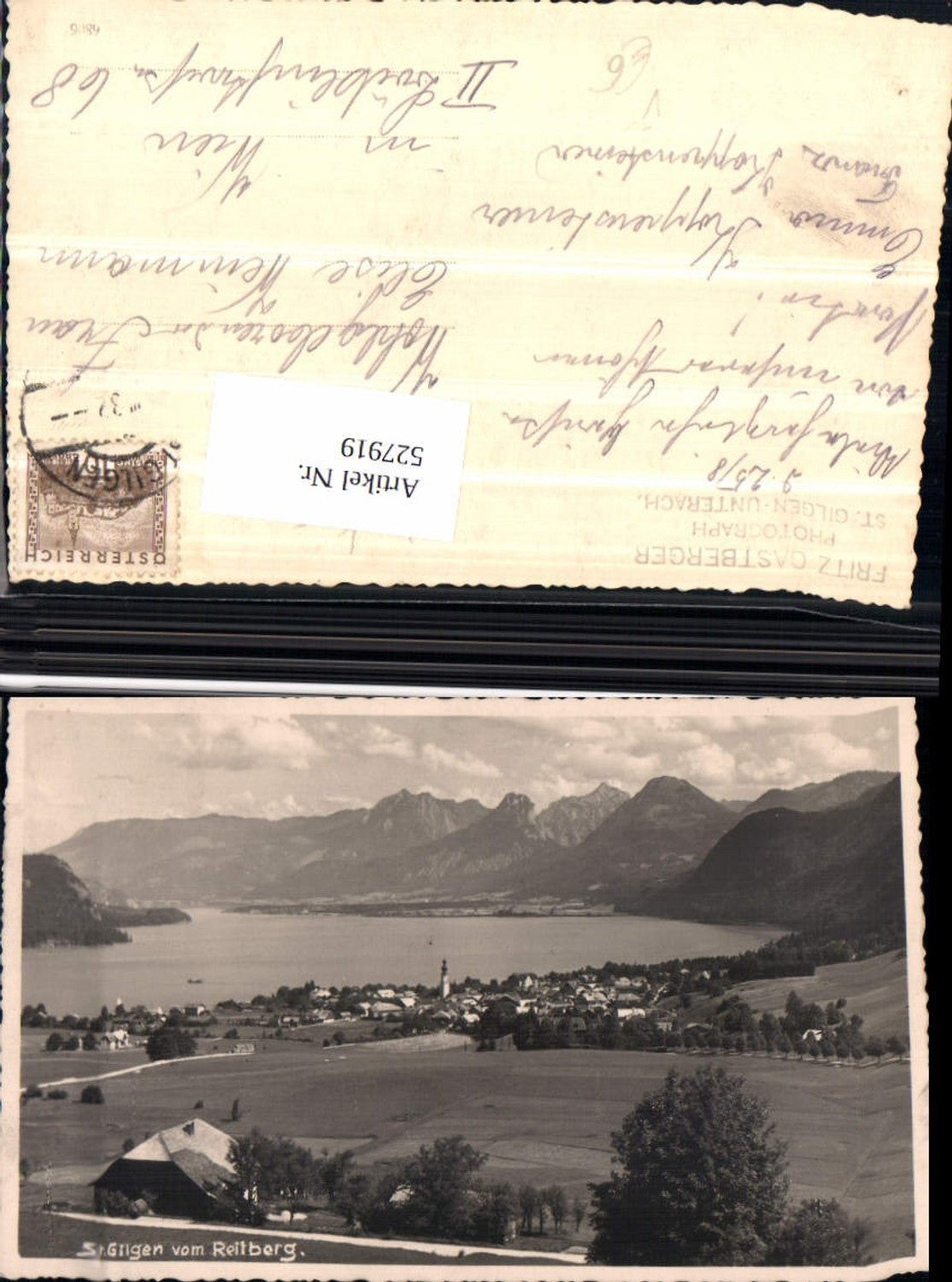 527919, Photo postcard St. Gilgen from Reitberg Abersee pub Fritz Gastberger