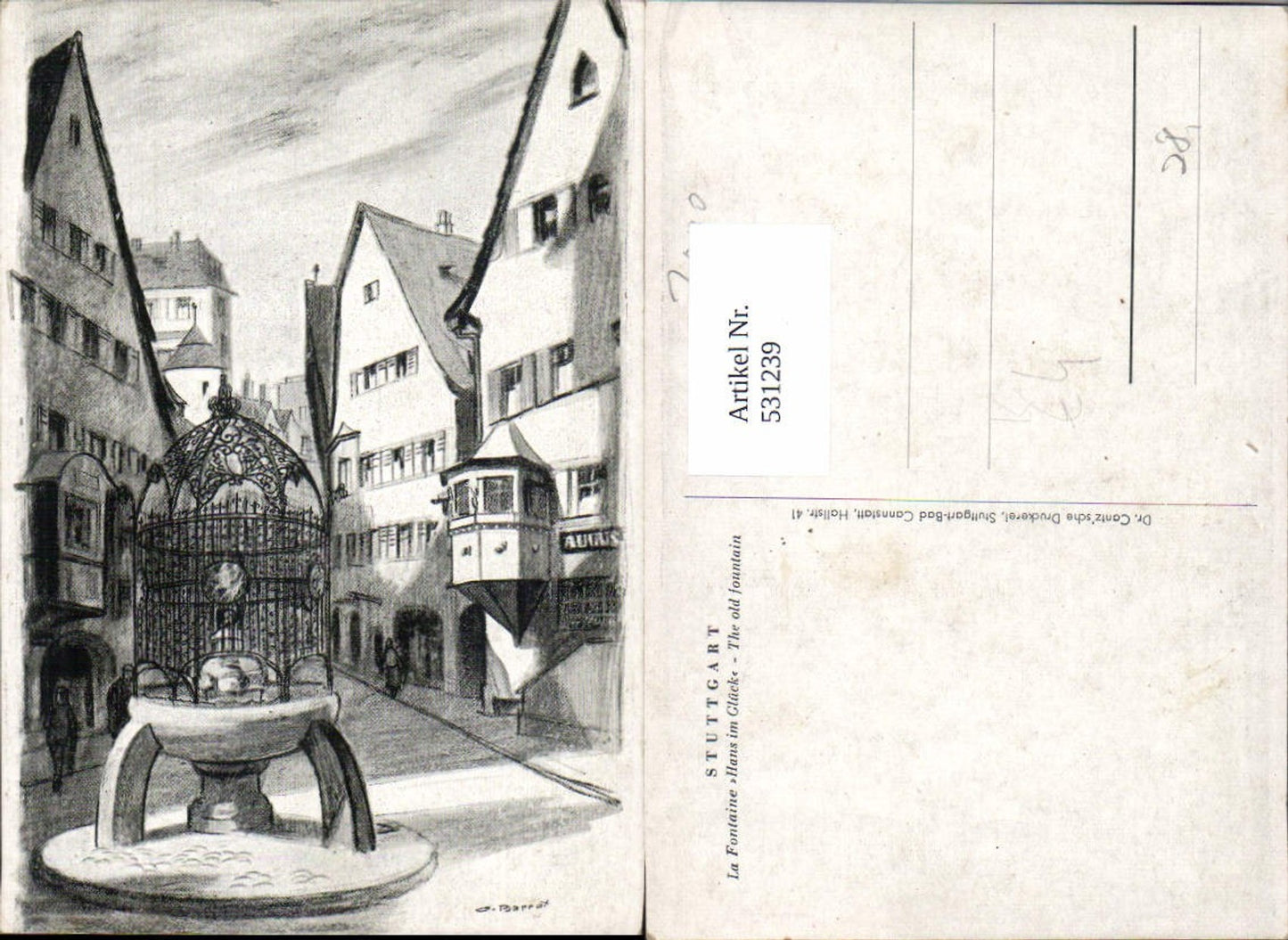 531239,Künstler Ak O. Barrax Stuttgart La Fontaine Hans im Glück Brunnen