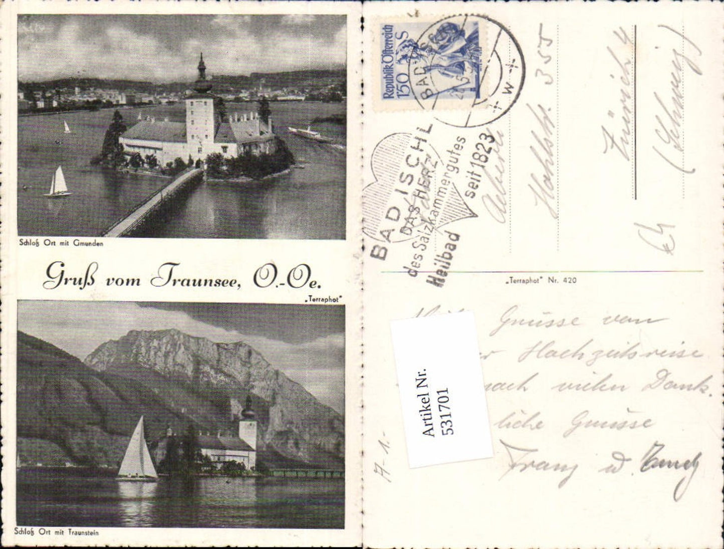 531701,Gruß vom Traunsee Gmunden m. Schloss Ort Orth pub Terraphot 420