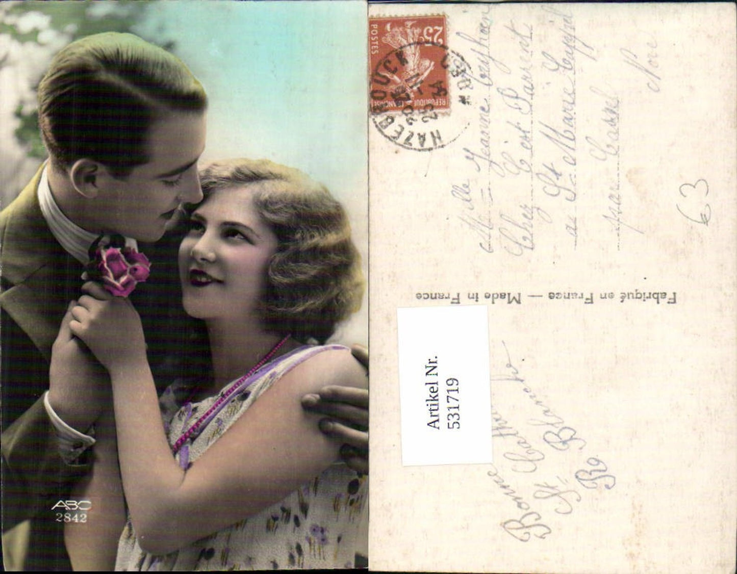 531719,färbige Foto-AK Frau Liebe Paar Rose pub ABC 2842