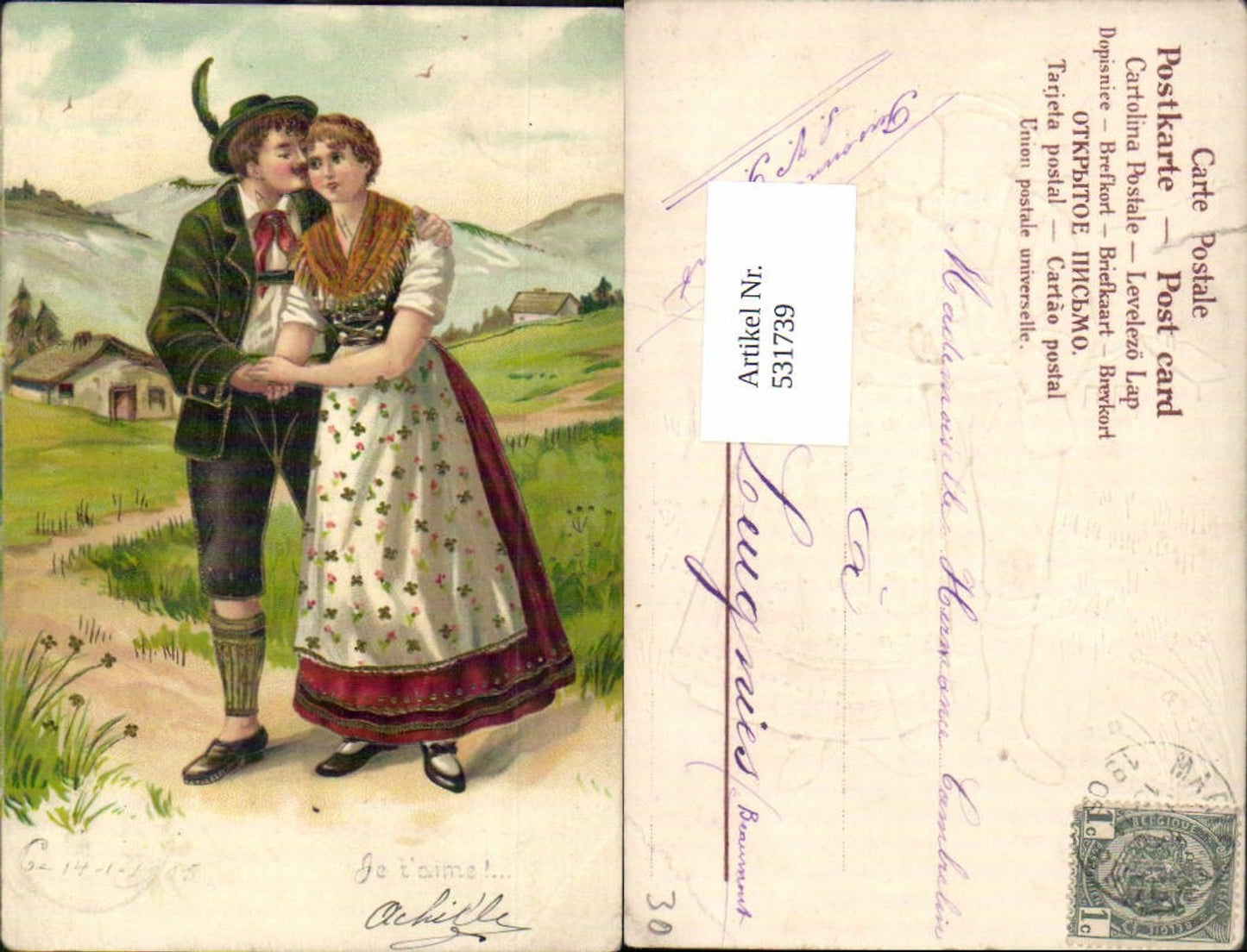 531739,tolle Präge Litho Frau Liebe Paar Tracht Trachten Bayern
