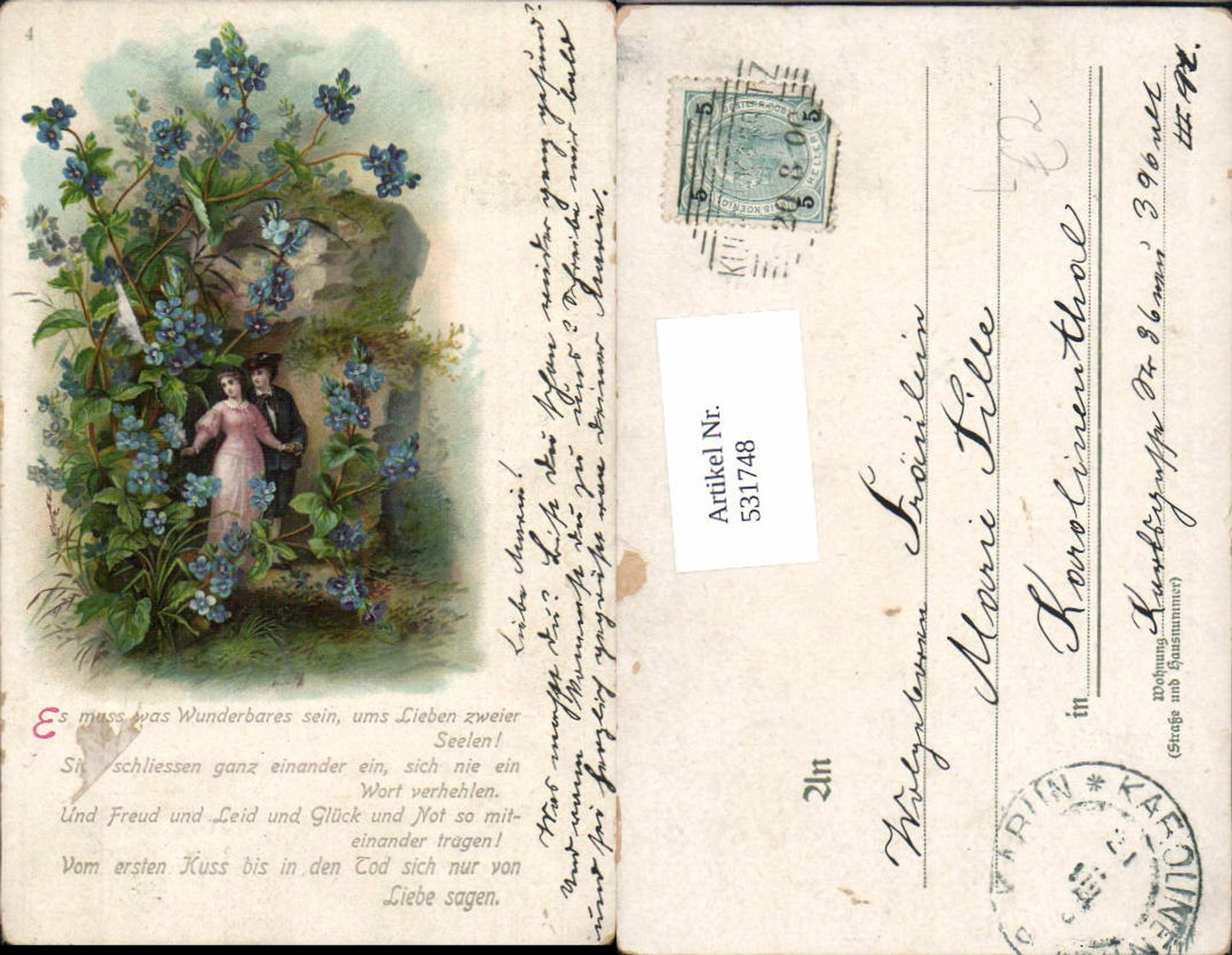 531748,Künstler Litho Frau Liebe Paar Blumen n. Karolinenthal