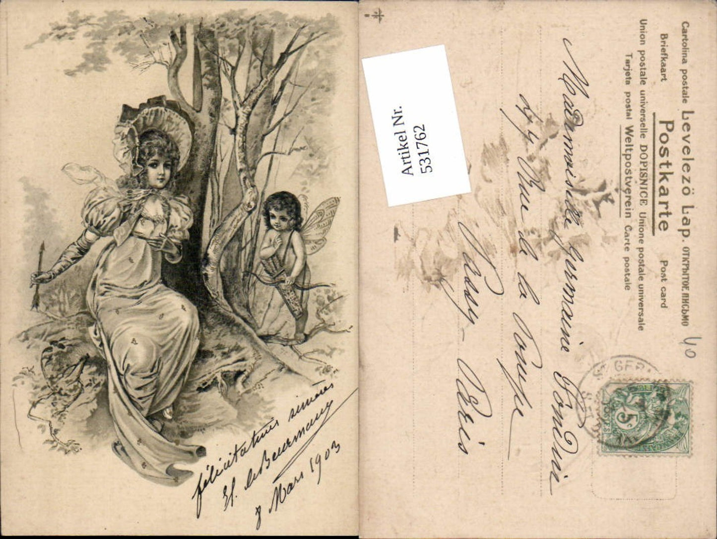 531762,Präge Künstler AK Frau Liebe Paar Amor Pfeil Bogen