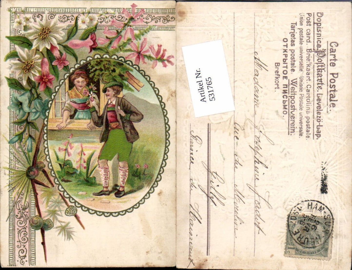 531765,tolle Präge Litho Frau Liebe Paar Pfeife Tracht Seidenkarte Seide Edelweiß